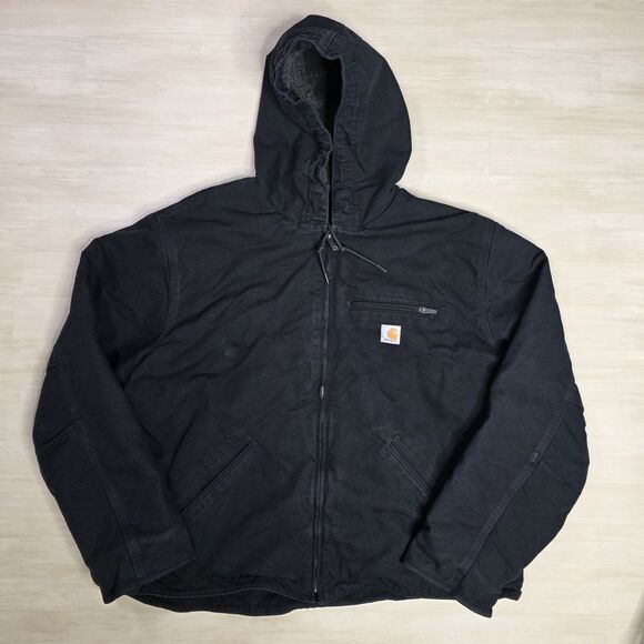 Carhartt Sherpa Lined Washed Duck Relaxed Fit Hooded Jacket Mens 2XL 104392-BLK - Picture 1 of 8